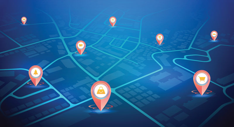 Lokalizacja GPS - pinezki z oznaczeniami obiektów na mapie wirtualnej GeoNAVI