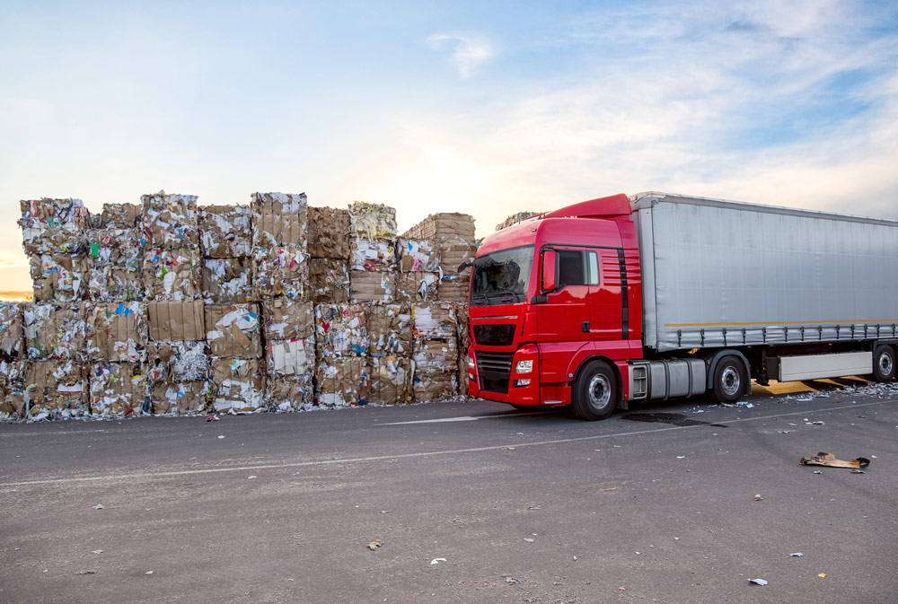 Ciężarówka na tle odpadów. Transport odpadów objęty systemem SENT GeoNAVI